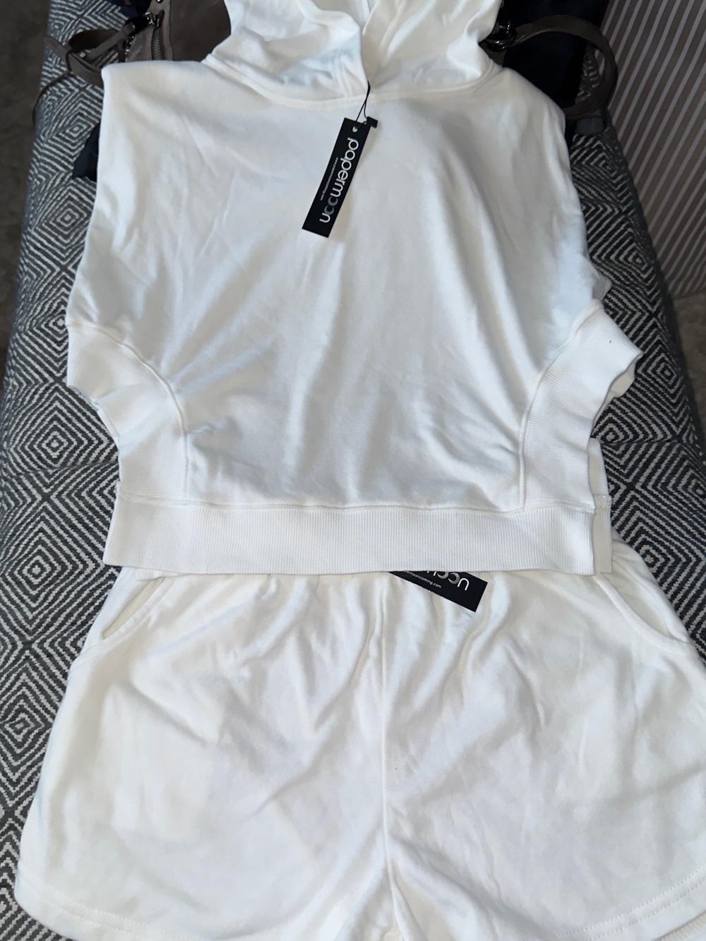 NWT. White Two-Piece Crop Hoodie & Shorts Set